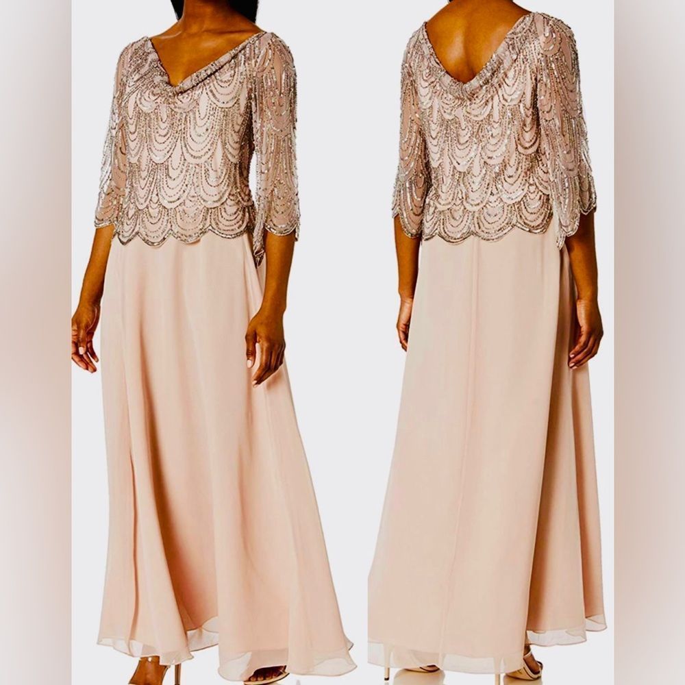 J Kara Women's Petite 3/4 Scallop Beaded Pop Over Gown inBlush Mercury Size 14p